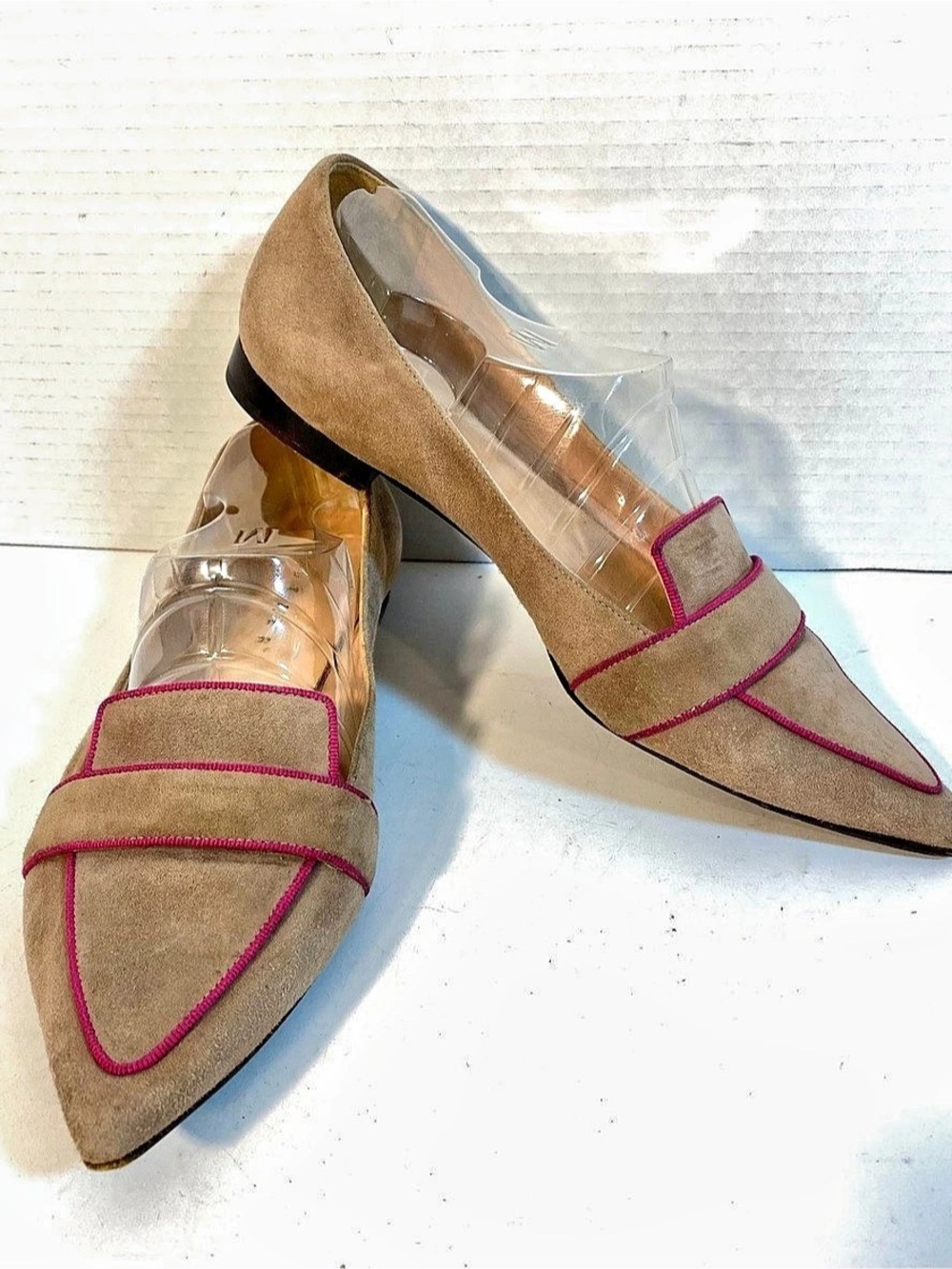 UNUTZER Taupe and Pink Suede Pointy Toe Ballerina Flat Shoes